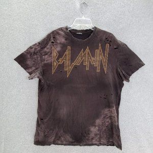Balmain Paris Men T-Shirt‎ OS Brown Tie Dye Distressed Metallic Logo Oversized